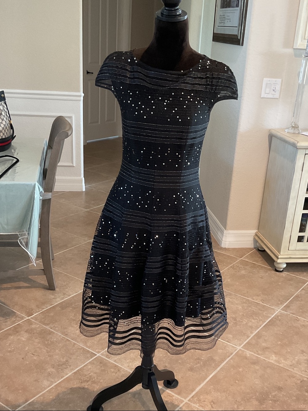 Talbot Runhof fit and flare dress, back zip, black w/ silver threading/sequins S